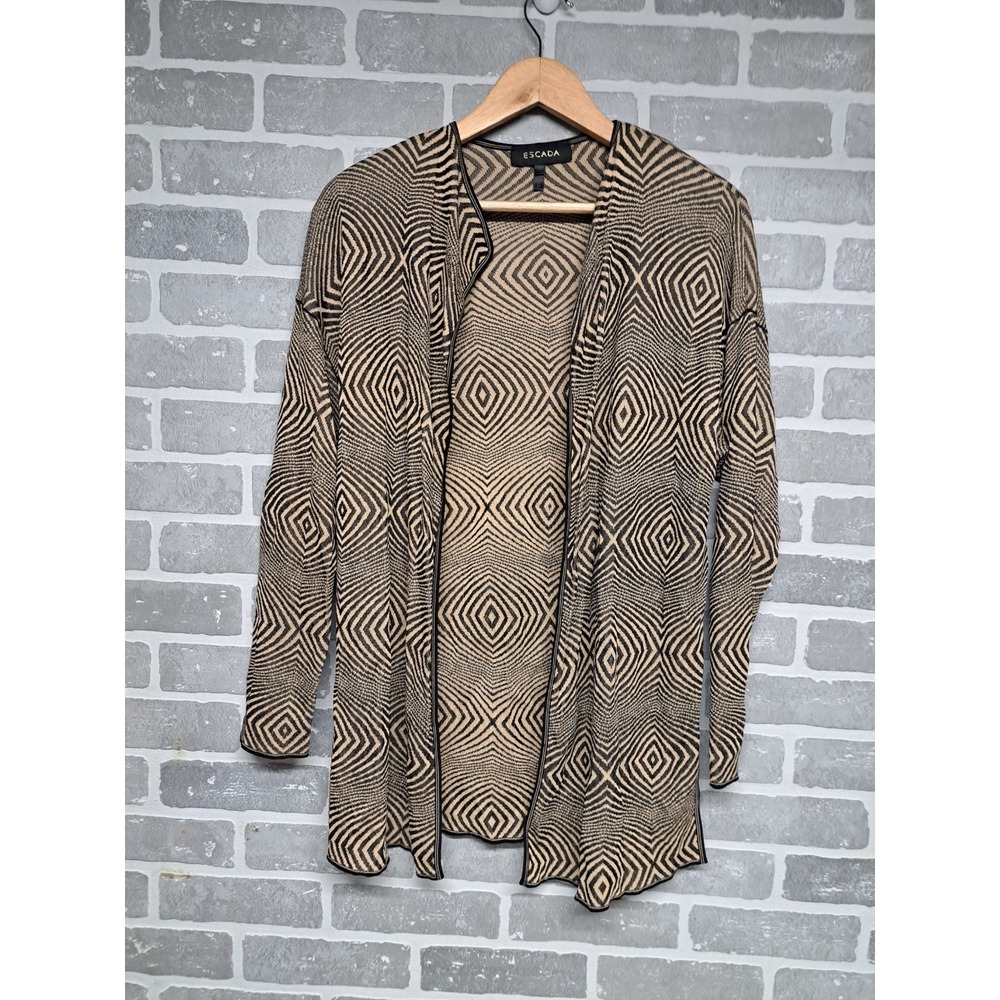 Escada Womens Cardigan Black Tan Diamond Geometric Knit Sweater Open Front Sz 40